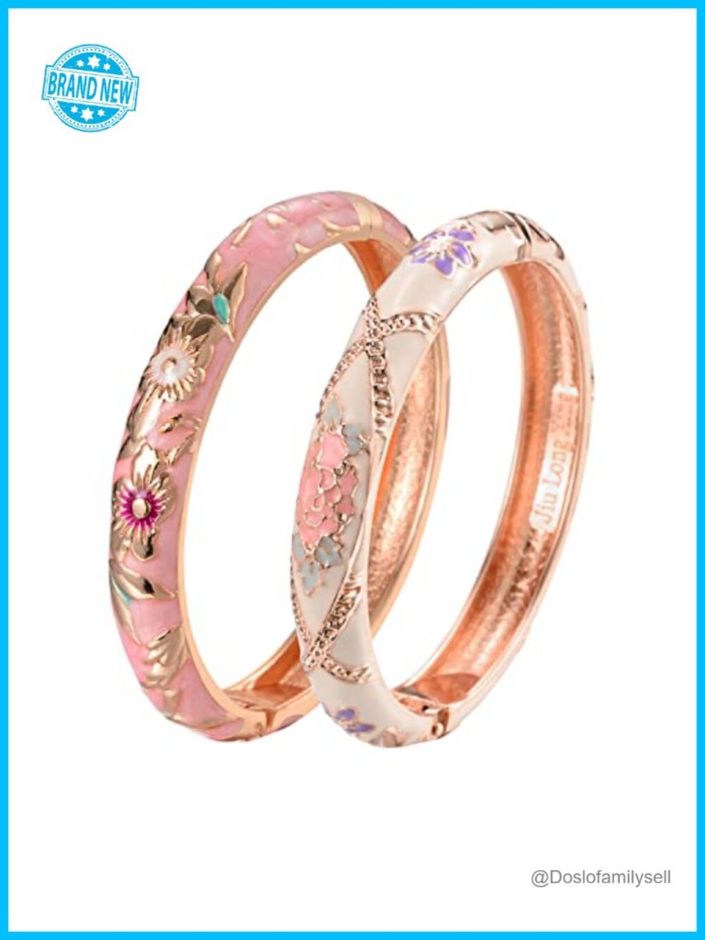 Cloisonne Enameled Flower Bangle Bracelets Set Cuff Spring Hinged Gift